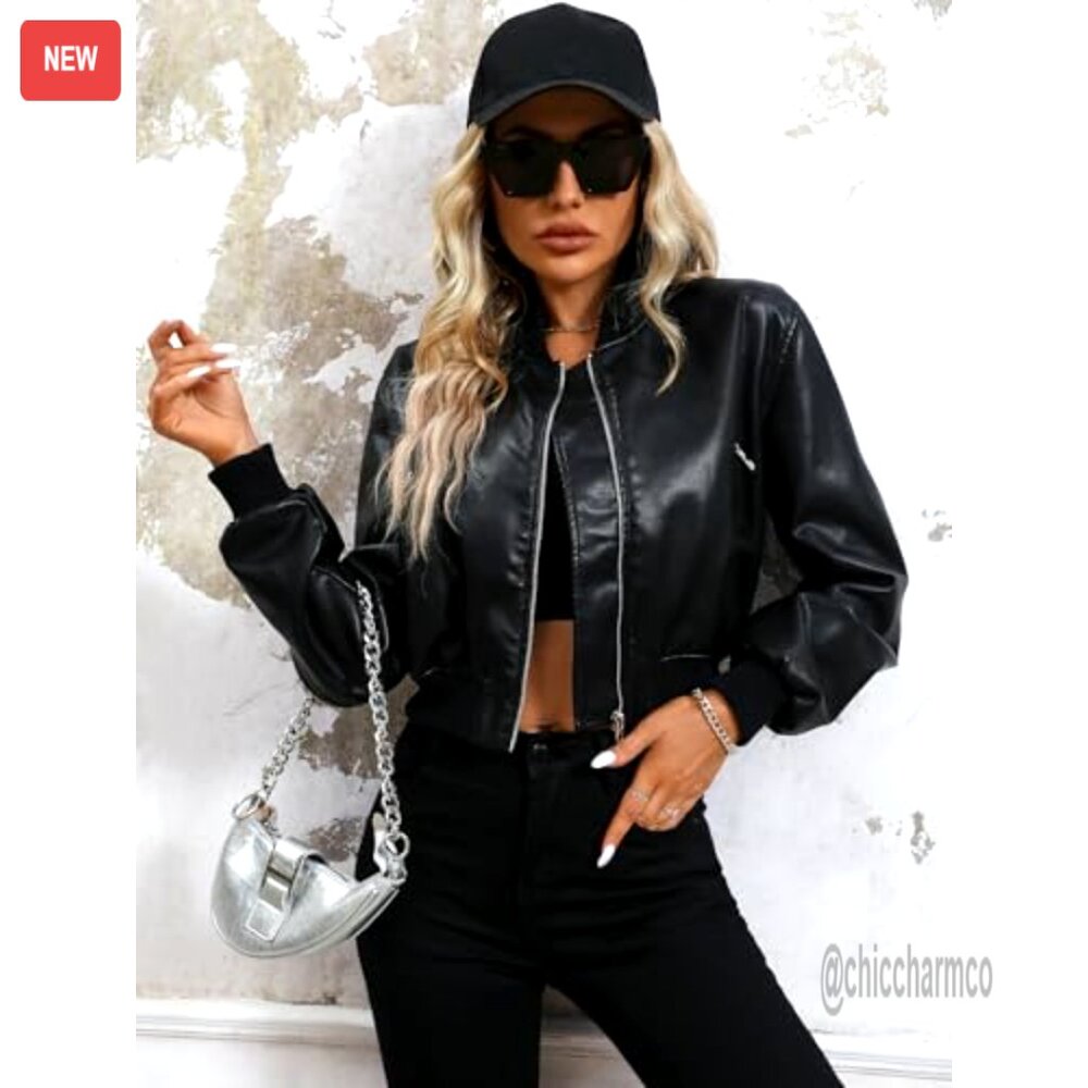 Faux Leather Varsity Bomber Jacket, Biker Style, Zipper Closure, Side Pockets - Picture 2 of 6